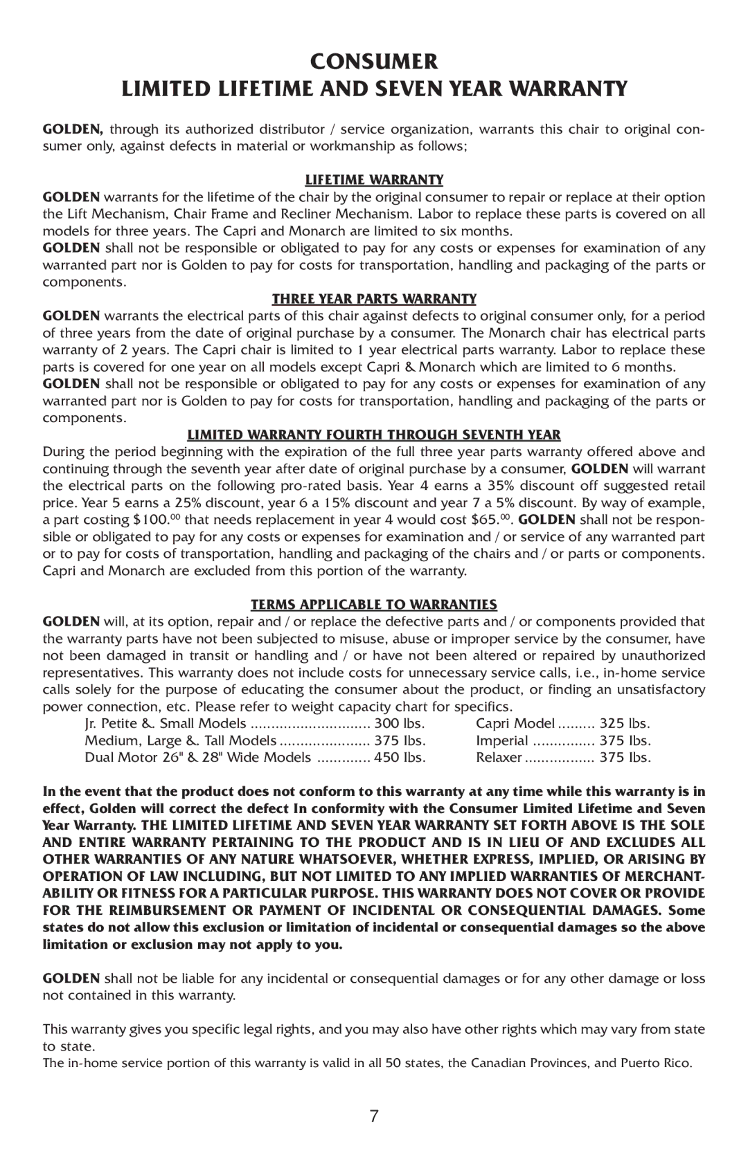 Golden Technologies 8-02 BPWARB owner manual Consumer Limited Lifetime and Seven Year Warranty 