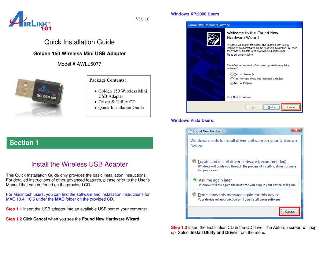 Golden Technologies AWLL5077 installation instructions Section, Install the Wireless USB Adapter 