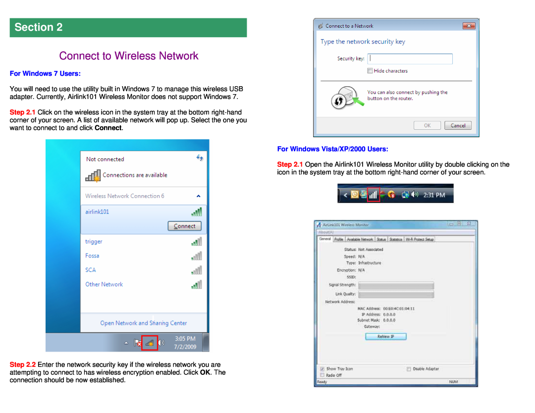 Golden Technologies AWLL5077 Connect to Wireless Network, For Windows 7 Users, For Windows Vista/XP/2000 Users, Section 