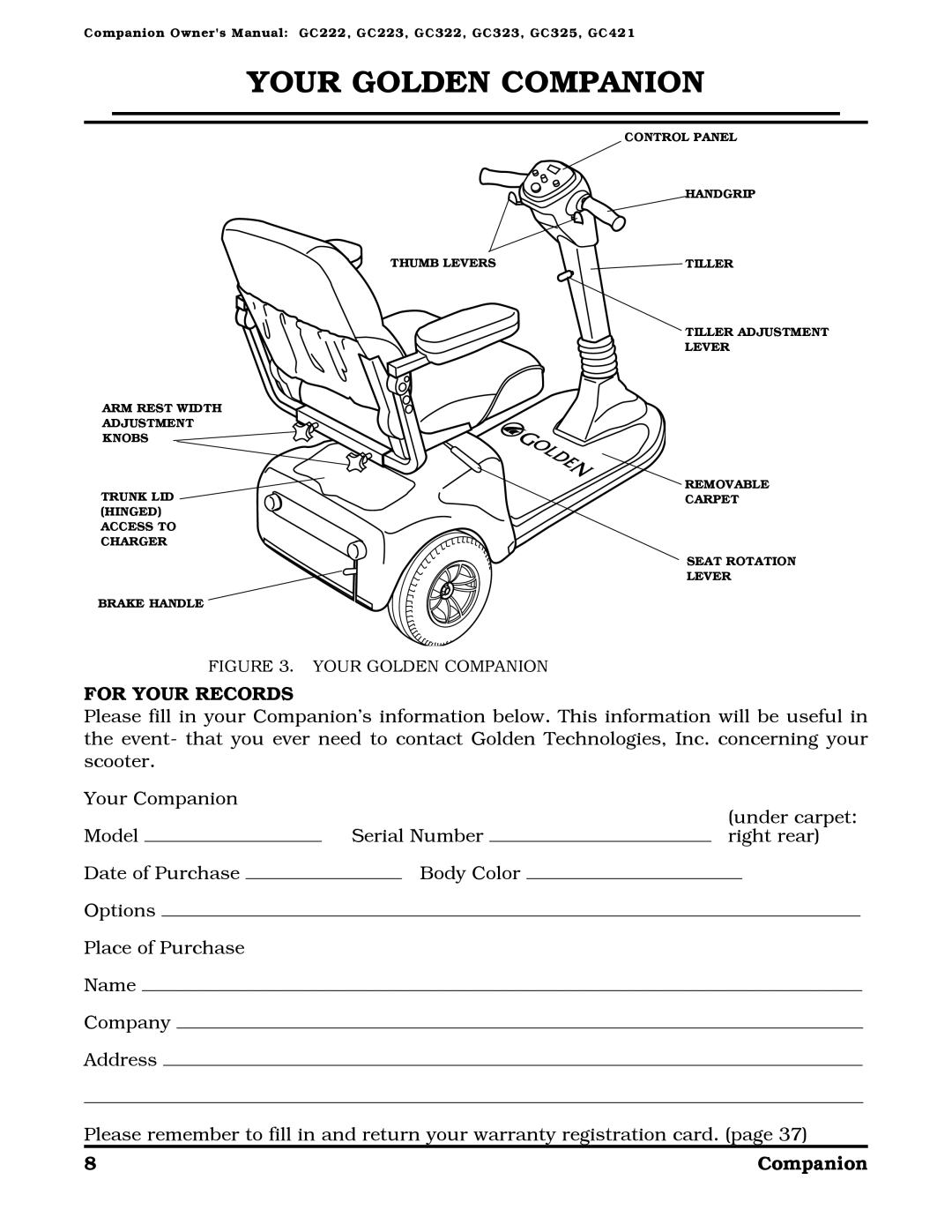 Golden Technologies Companion II manual Your Golden Companion, For Your Records 