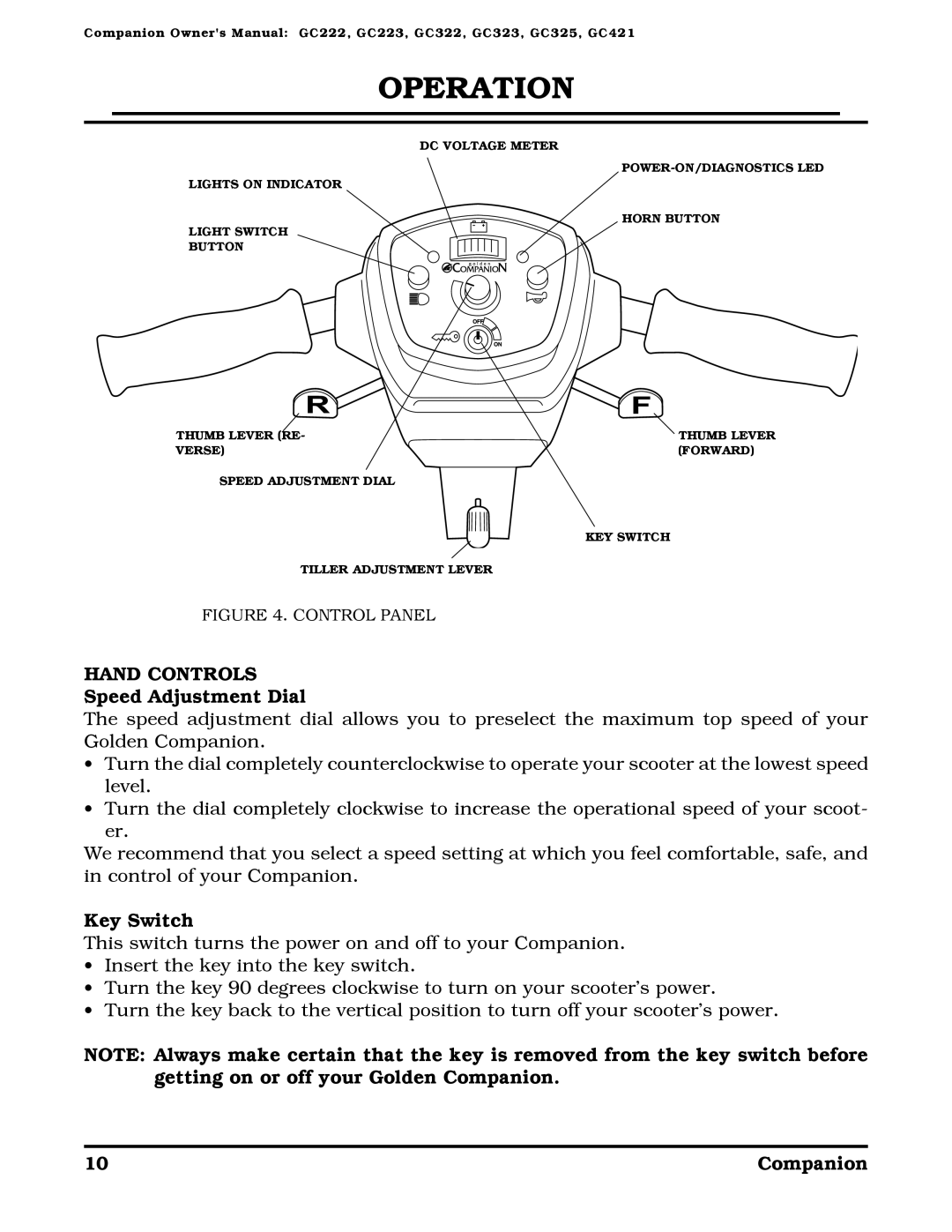 Golden Technologies Companion II manual Operation, Hand Controls, Speed Adjustment Dial, Key Switch 