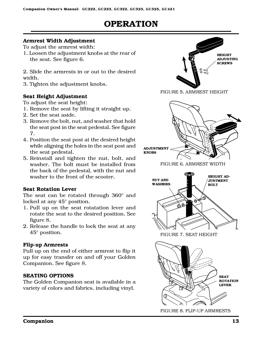 Golden Technologies Companion Armrest Width Adjustment, Seat Height Adjustment, Seat Rotation Lever, Flip-up Armrests 