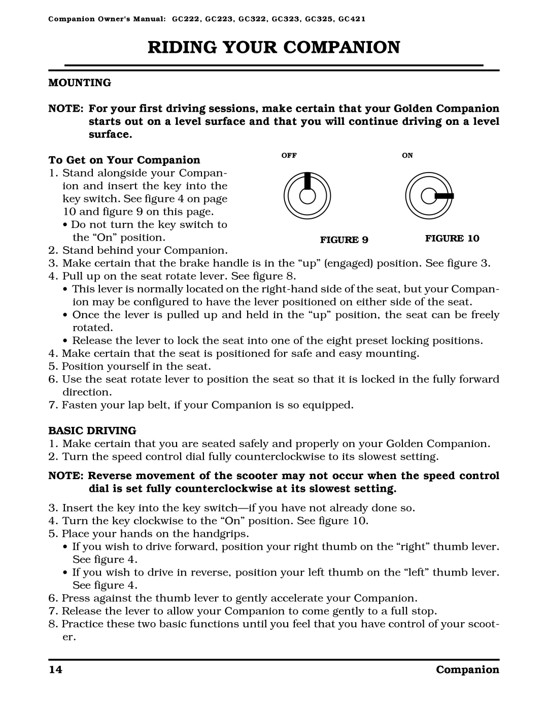 Golden Technologies Companion II manual Riding Your Companion, Mounting, To Get on Your Companion, Basic Driving 