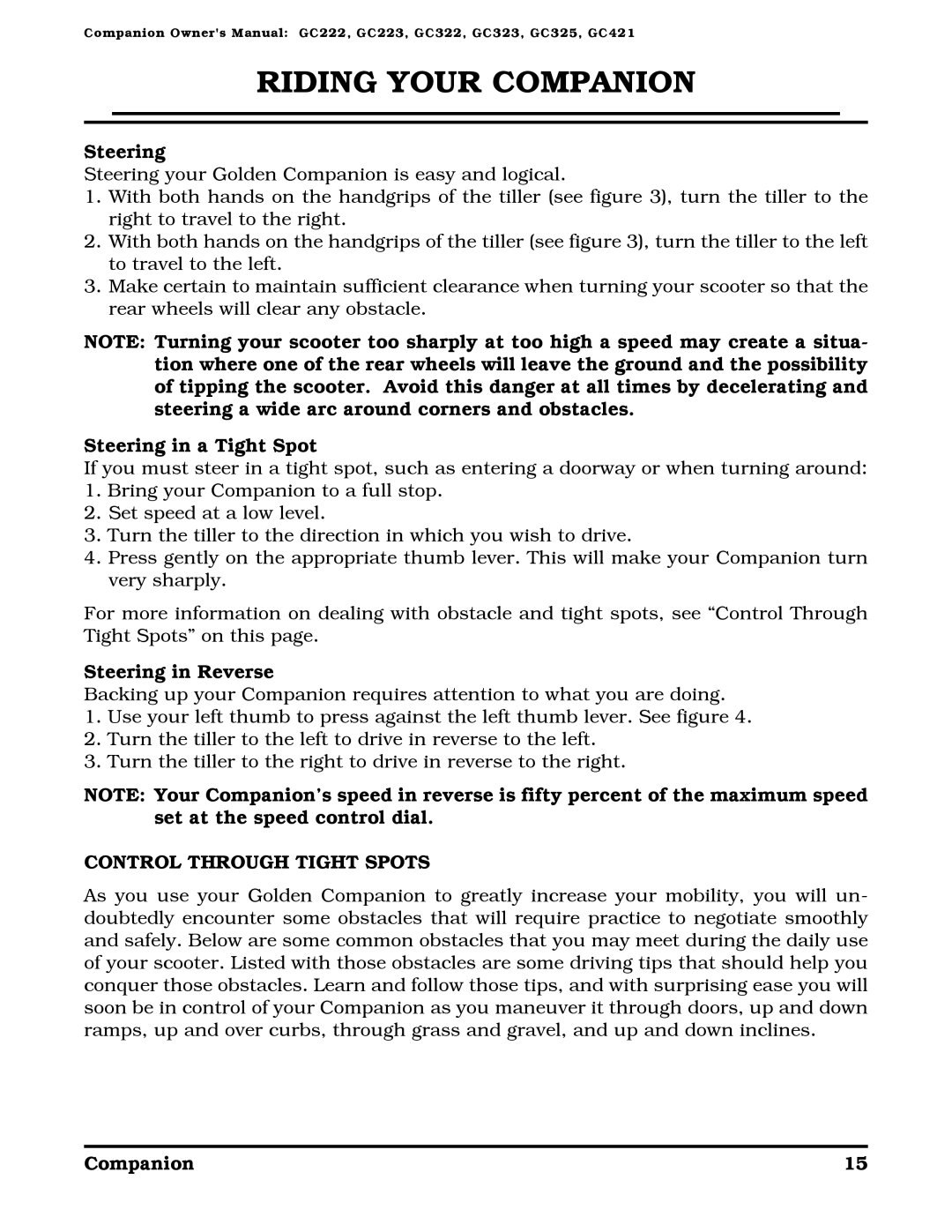 Golden Technologies Companion II manual Steering in a Tight Spot, Steering in Reverse, Control Through Tight Spots 