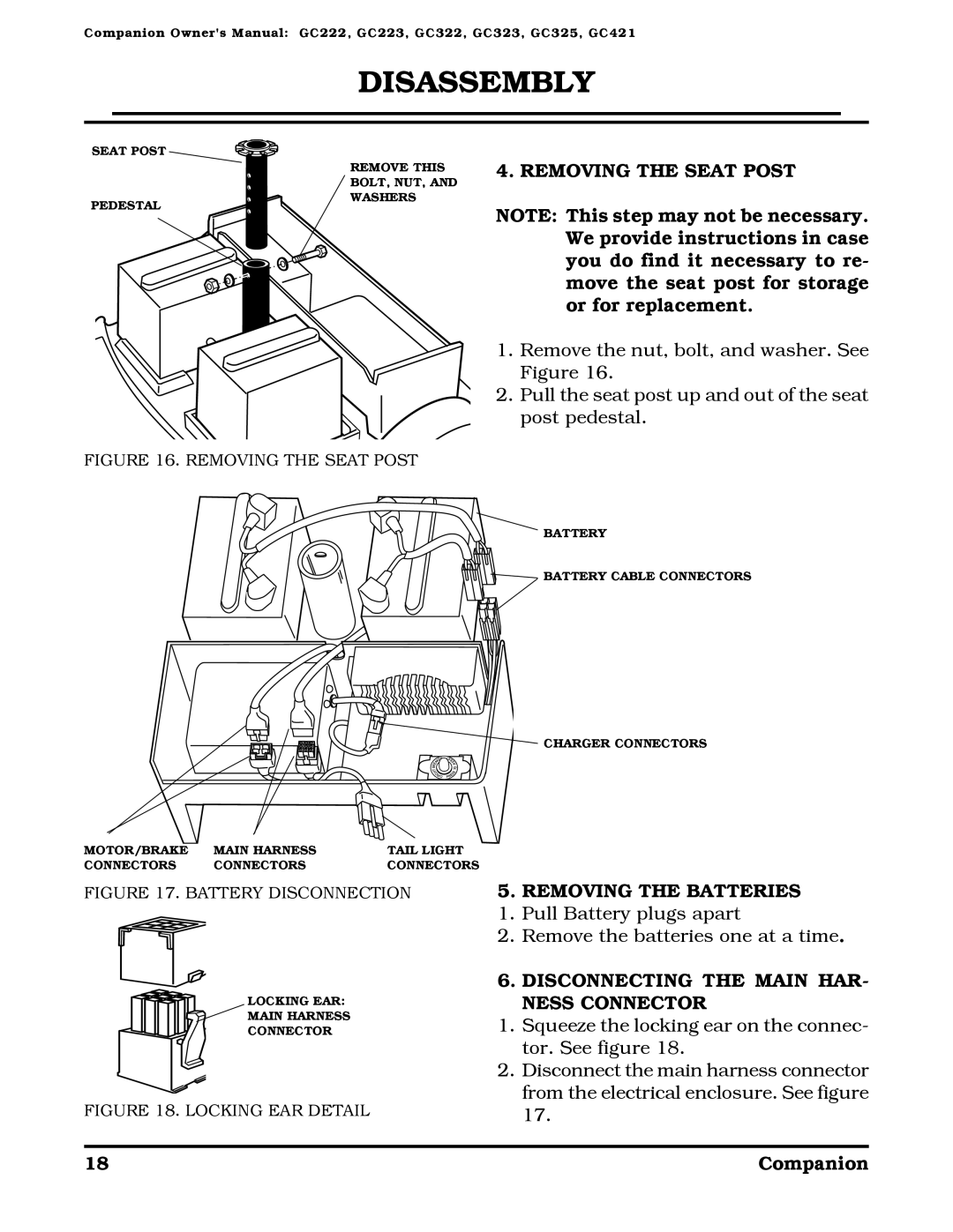 Golden Technologies Companion II Removing the Seat Post, Removing the Batteries, Disconnecting the Main HAR Ness Connector 