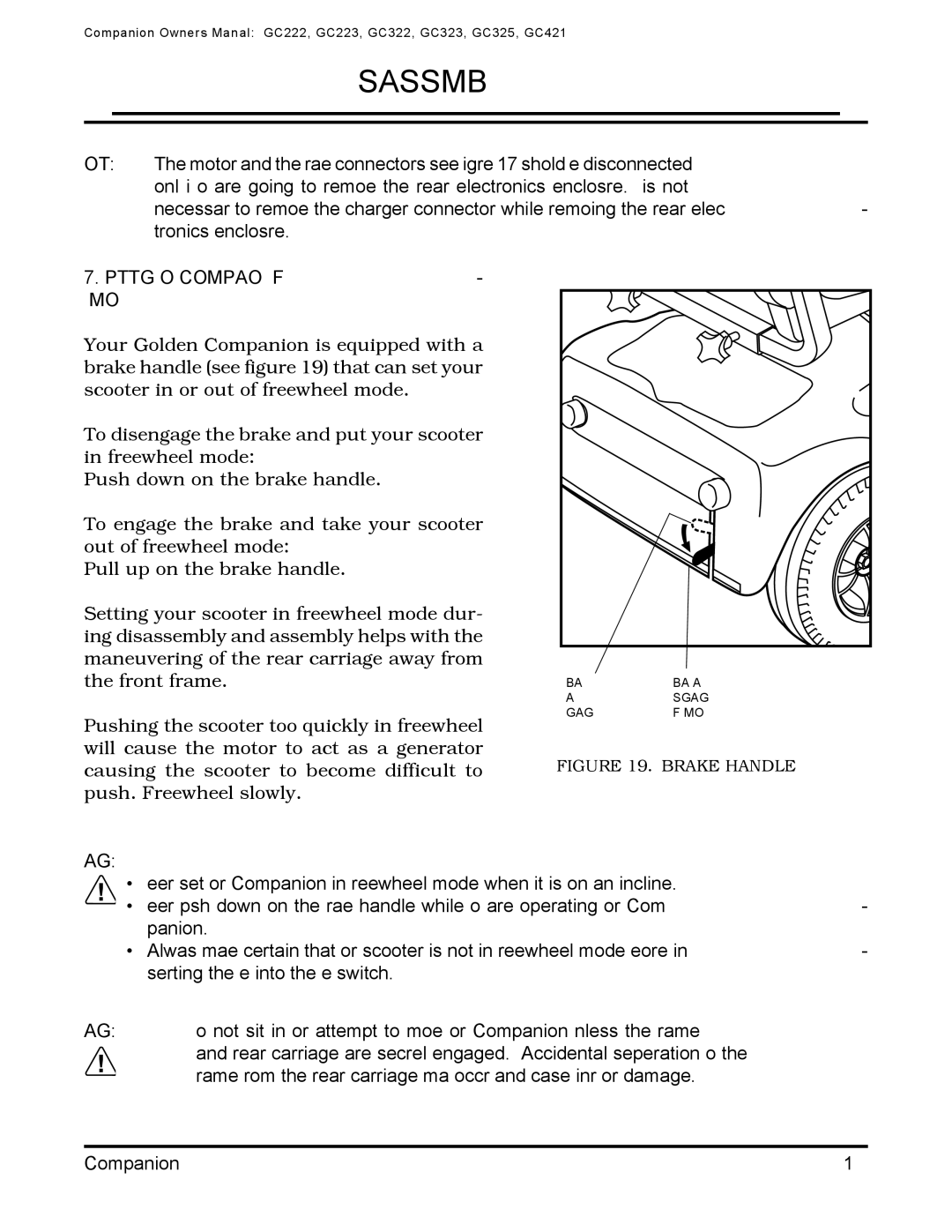 Golden Technologies Companion II manual Putting Your Companion in FREE- Wheel Mode, Brake Handle 