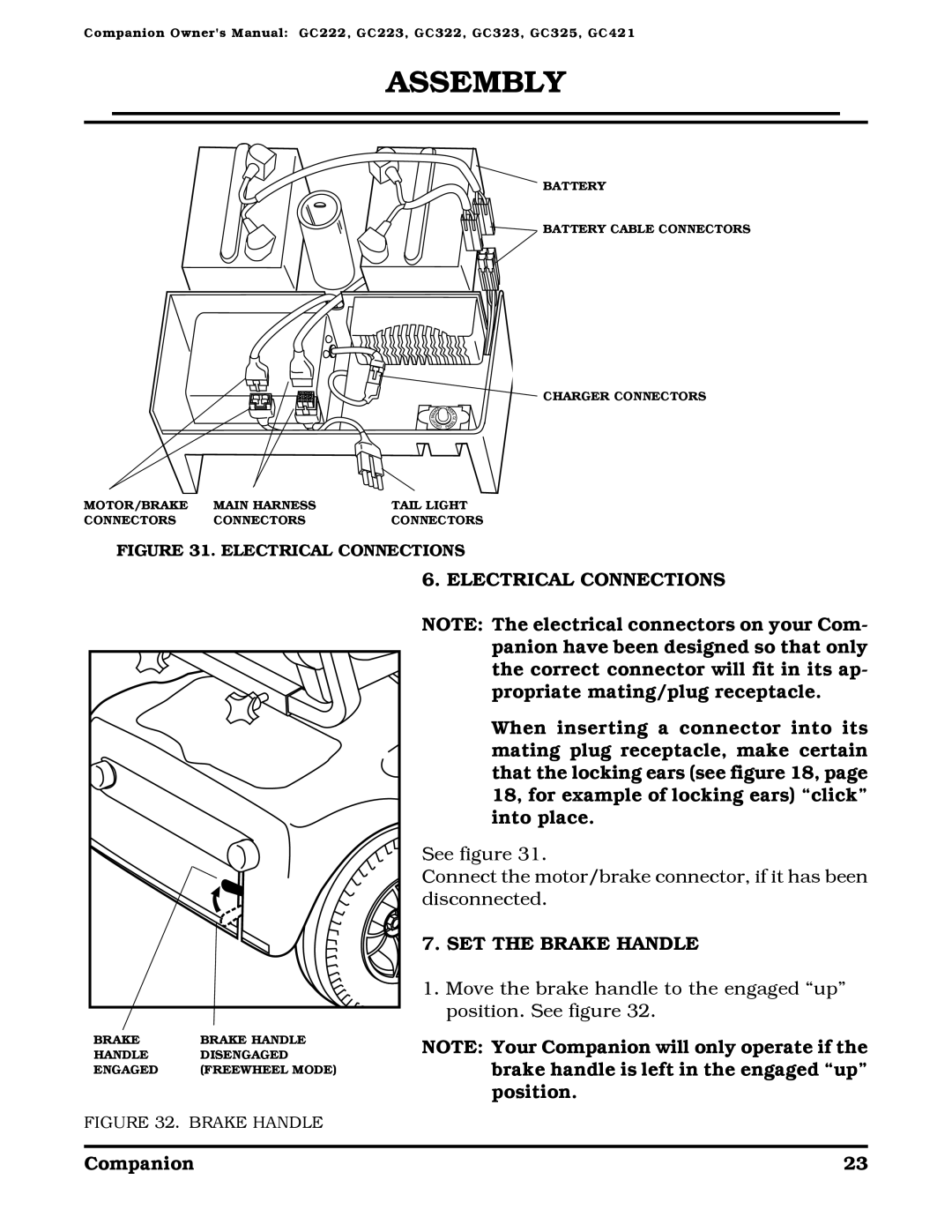 Golden Technologies Companion II manual Electrical Connections, SET the Brake Handle 