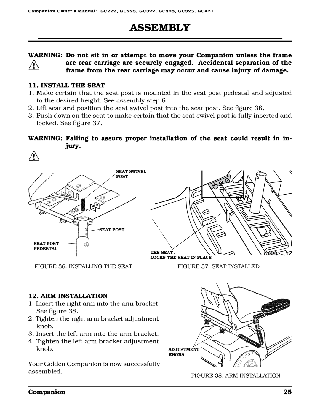 Golden Technologies Companion II manual Install the Seat, ARM Installation 