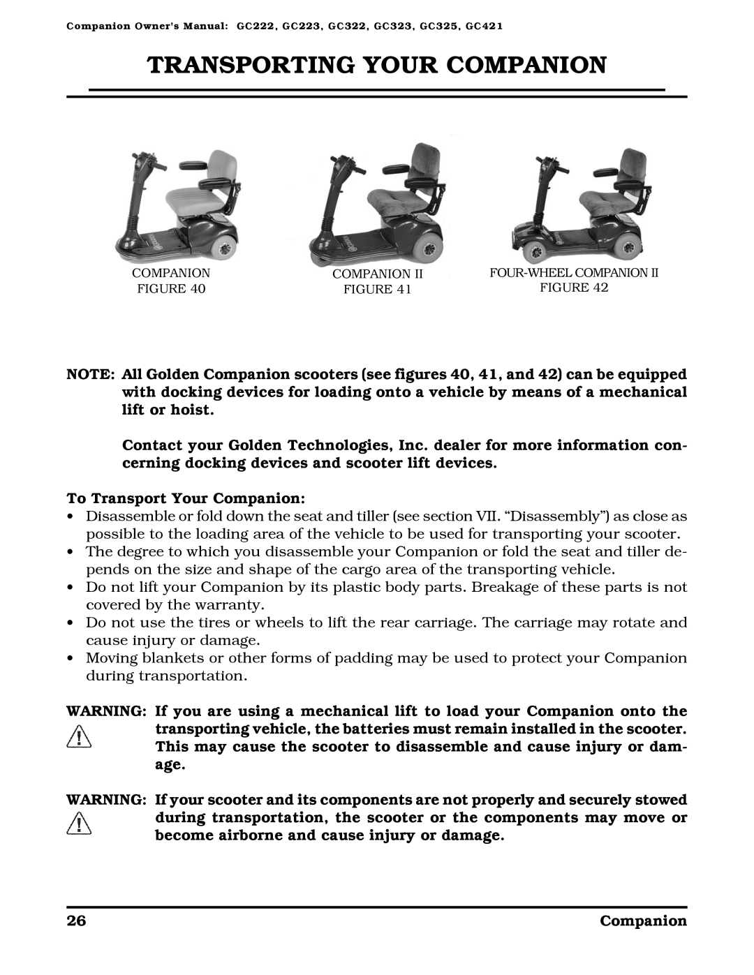 Golden Technologies Companion II manual Transporting Your Companion 