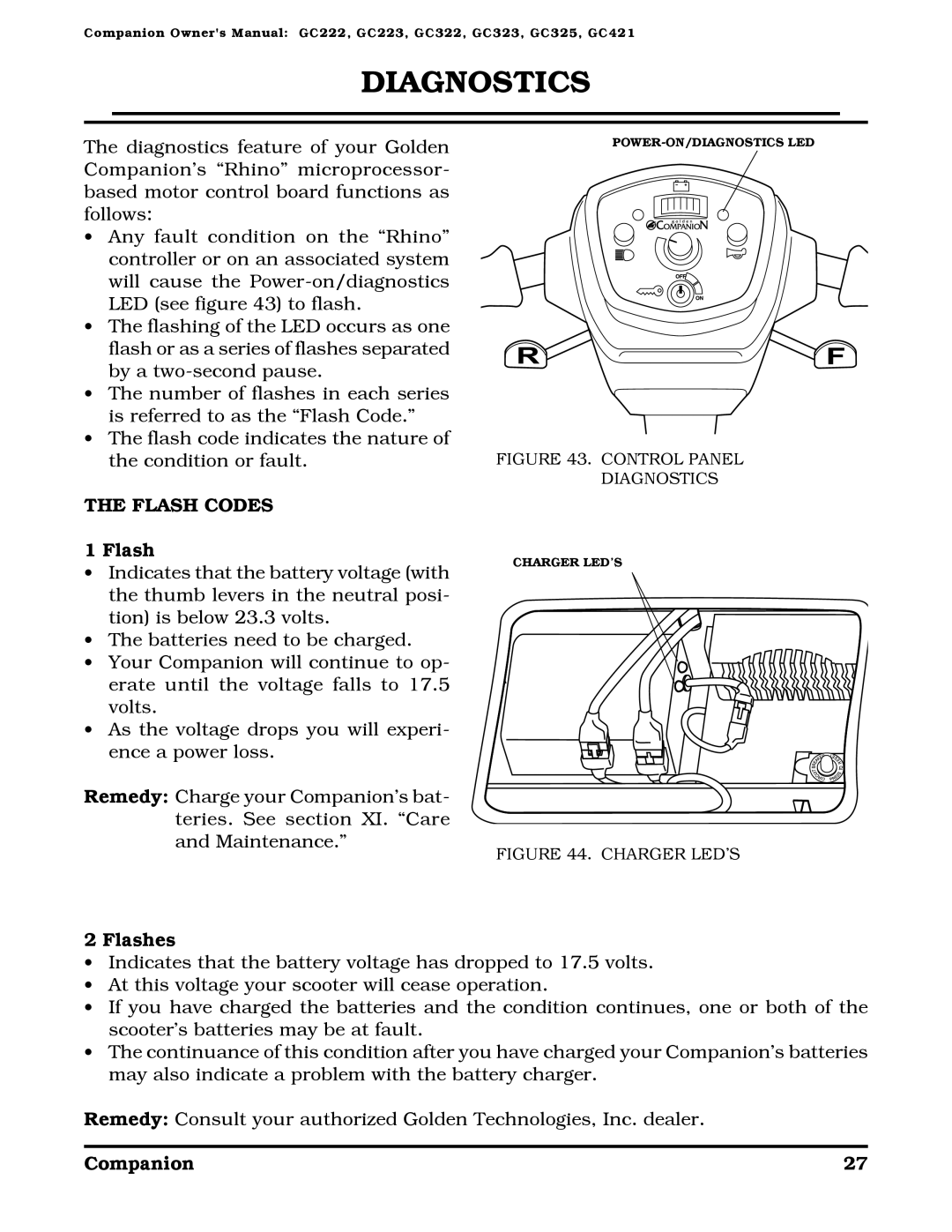 Golden Technologies Companion II manual Diagnostics, Flash Codes, Flashes 