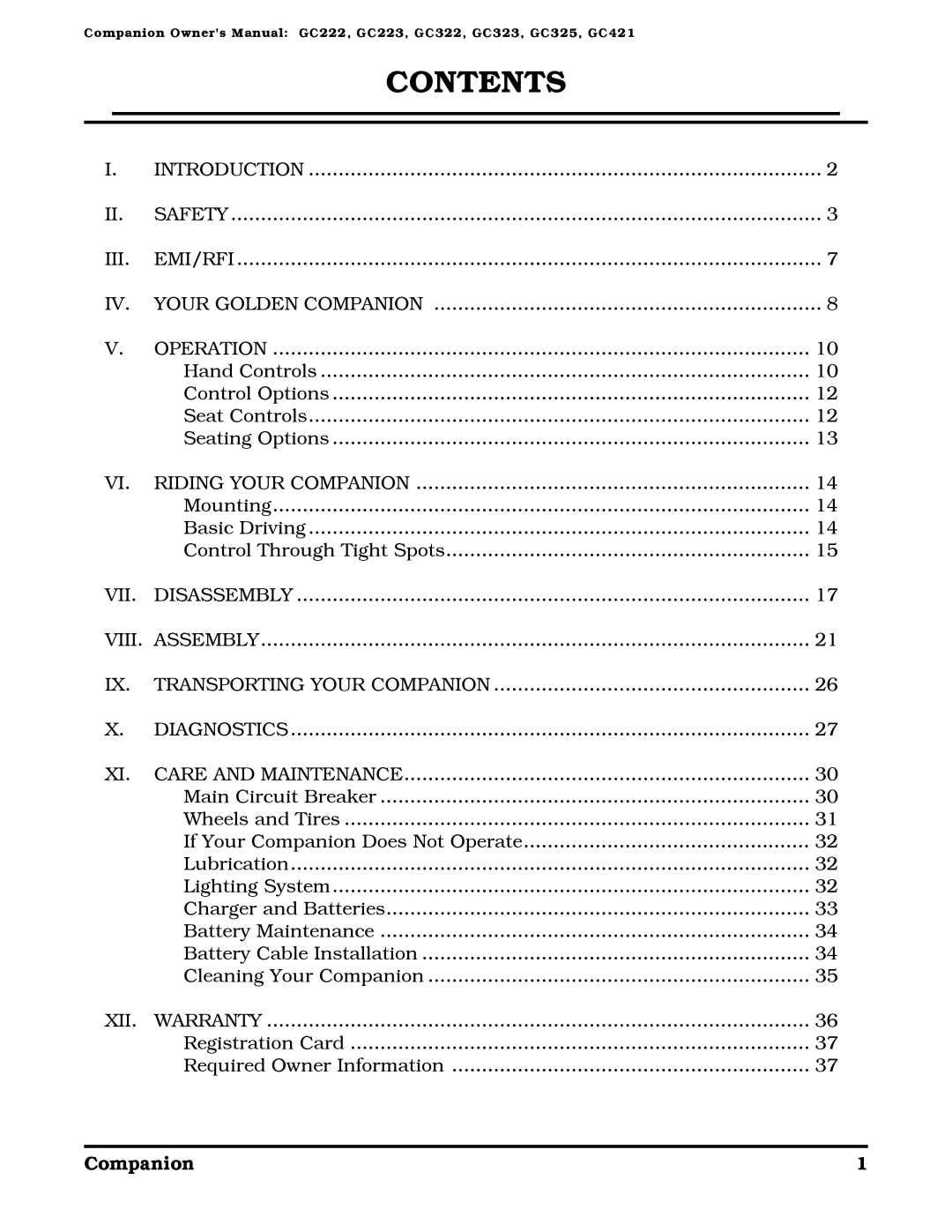 Golden Technologies Companion II manual Contents 