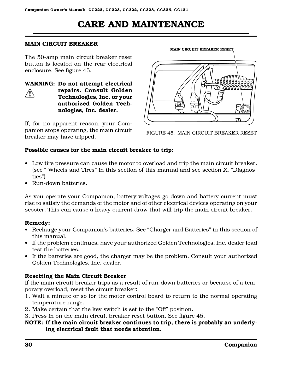 Golden Technologies Companion II manual Care and Maintenance, Resetting the Main Circuit Breaker 