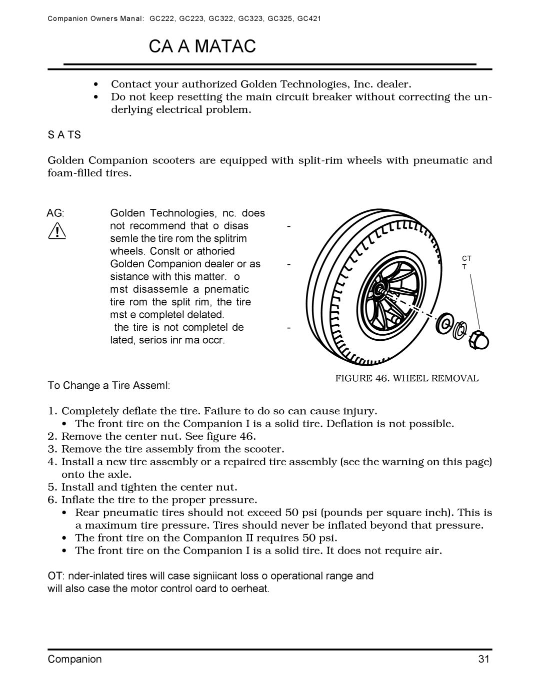 Golden Technologies Companion II manual Wheels and Tires, To Change a Tire Assembly 