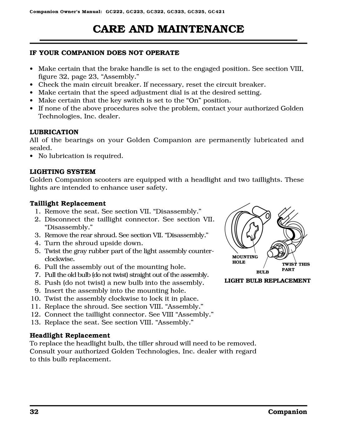 Golden Technologies Companion II If Your Companion does not Operate, Lubrication, Lighting System, Taillight Replacement 