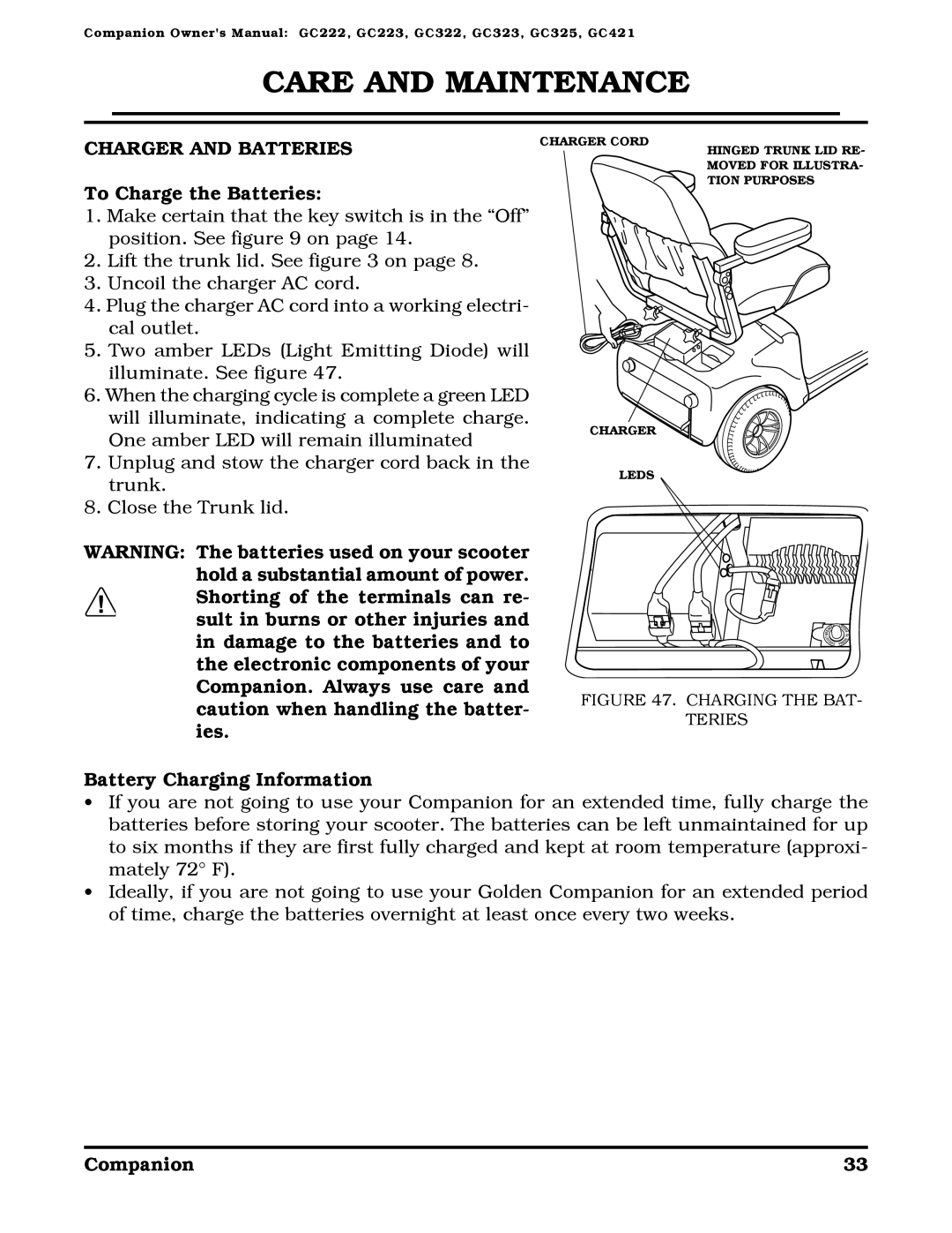 Golden Technologies Companion II manual Charger and Batteries, To Charge the Batteries, Battery Charging Information 