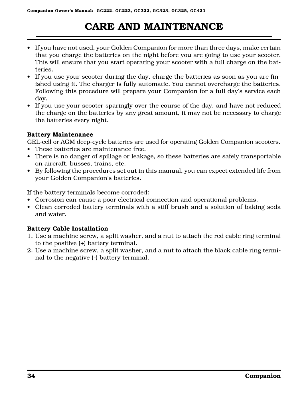 Golden Technologies Companion II manual Battery Maintenance, Battery Cable Installation 