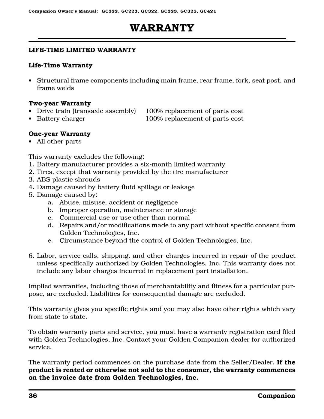 Golden Technologies Companion II LIFE-TIME Limited Warranty, Life-Time Warranty, Two-year Warranty, One-year Warranty 