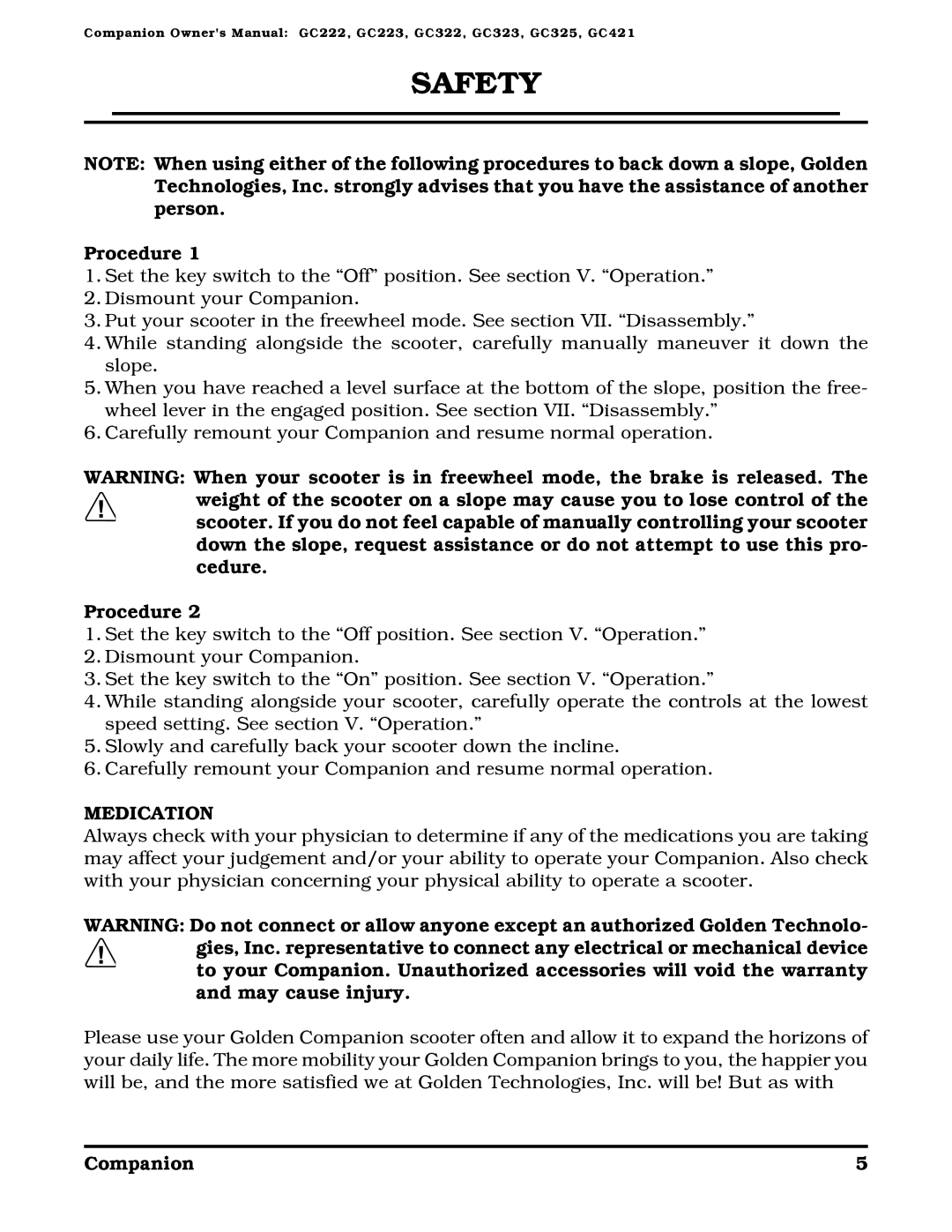 Golden Technologies Companion II manual Procedure, Medication 