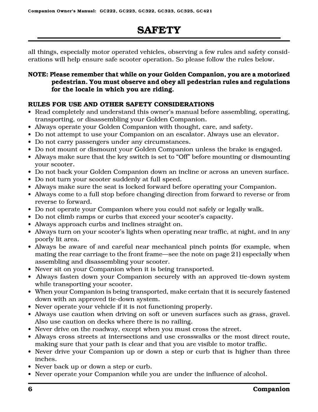 Golden Technologies Companion II manual Rules for USE and Other Safety Considerations 