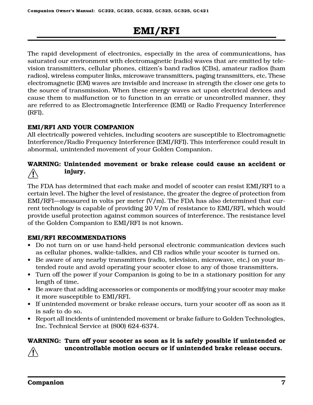 Golden Technologies Companion II manual Emi/Rfi, EMI/RFI and Your Companion, EMI/RFI Recommendations 