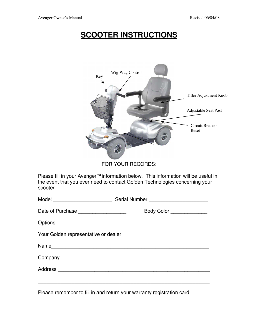 Golden Technologies GA 541, GA 531 owner manual Scooter Instructions, For Your Records 