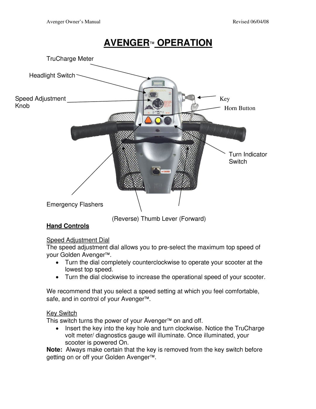 Golden Technologies GA 541, GA 531 owner manual Avenger Operation, Hand Controls 