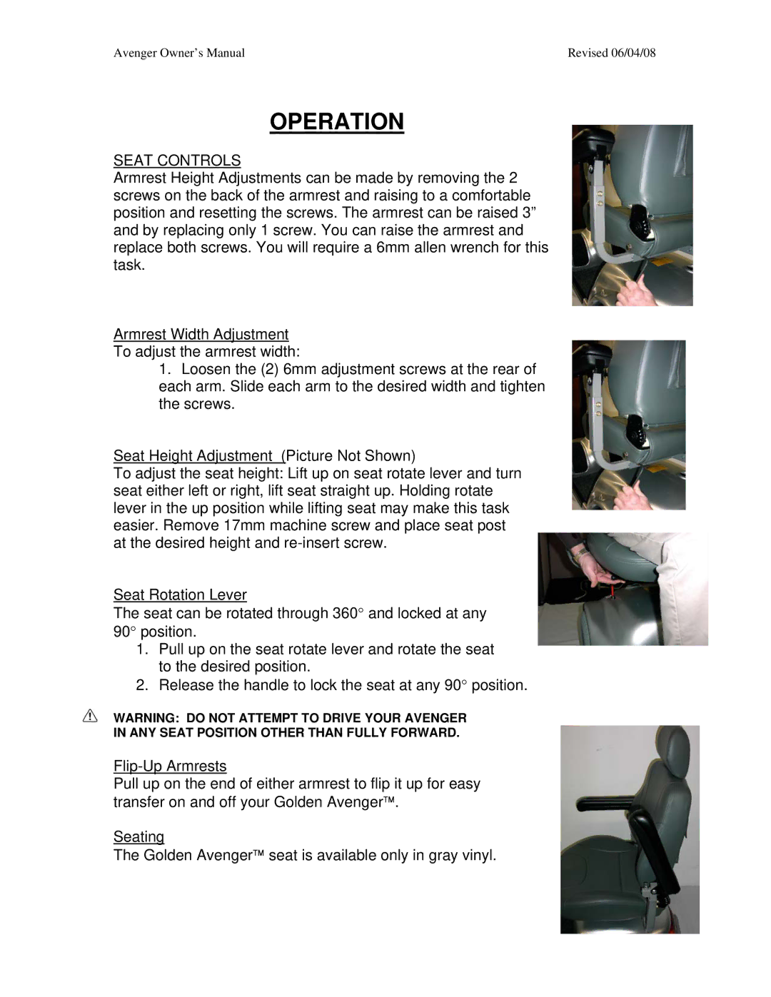 Golden Technologies GA 531, GA 541 owner manual Seat Controls 