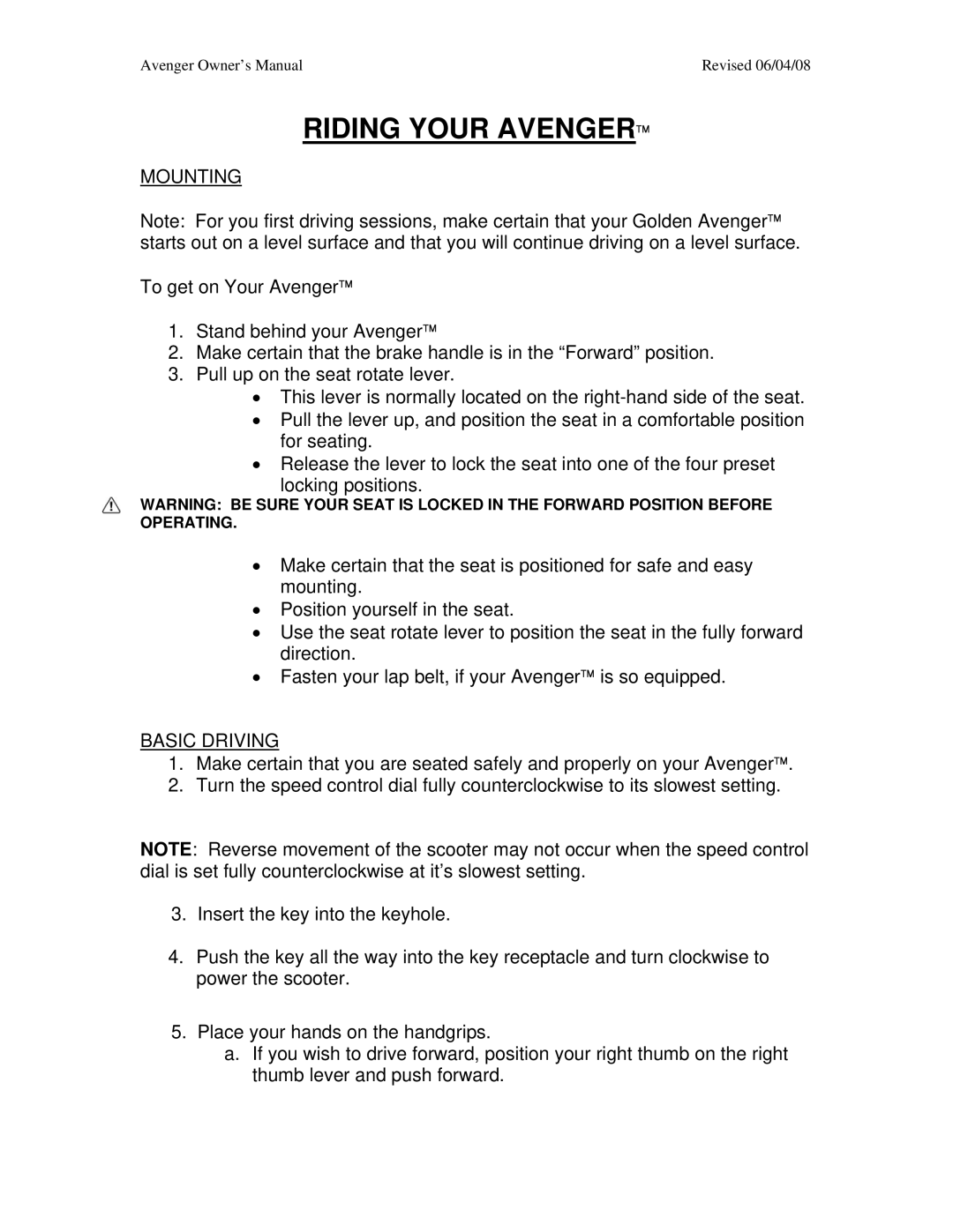 Golden Technologies GA 541, GA 531 owner manual Riding Your Avenger, Mounting, Basic Driving 