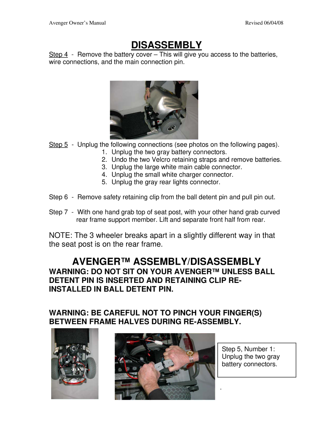 Golden Technologies GA 531, GA 541 owner manual Avenger ASSEMBLY/DISASSEMBLY 