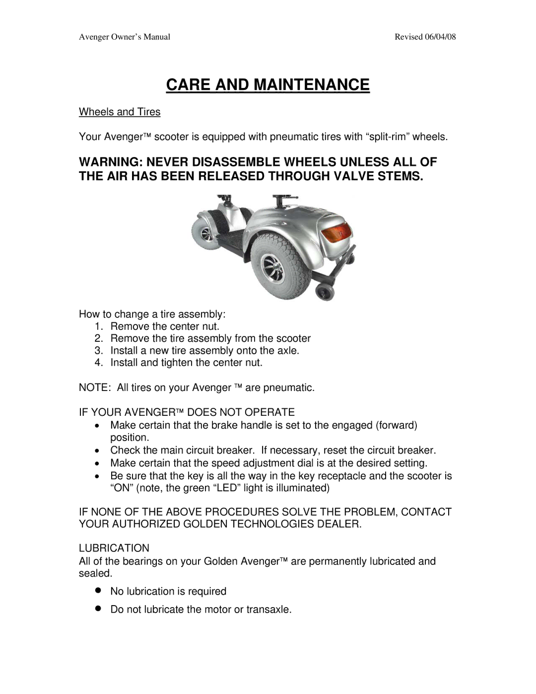 Golden Technologies GA 531, GA 541 owner manual If Your Avenger does not Operate 