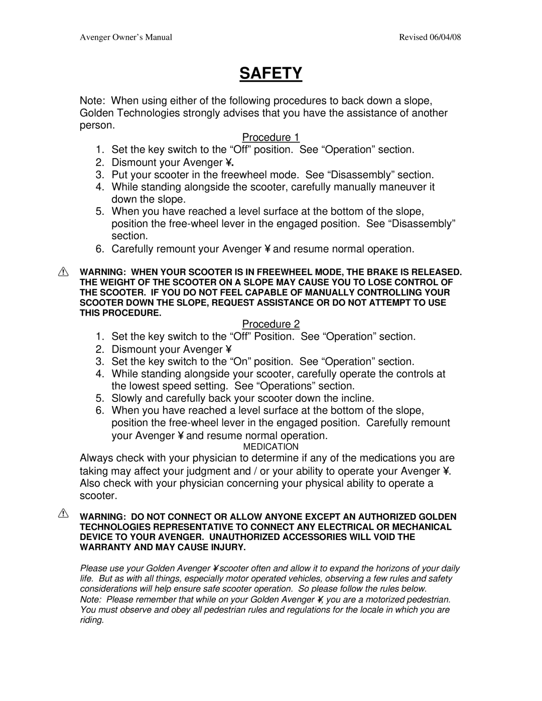 Golden Technologies GA 531, GA 541 owner manual Medication 