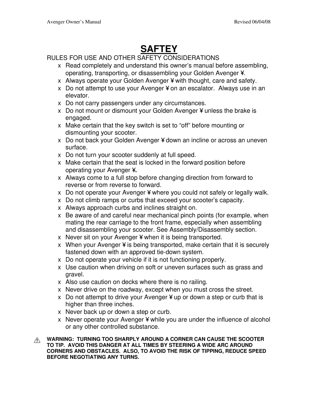 Golden Technologies GA 541, GA 531 owner manual Saftey, Rules for USE and Other Safety Considerations 