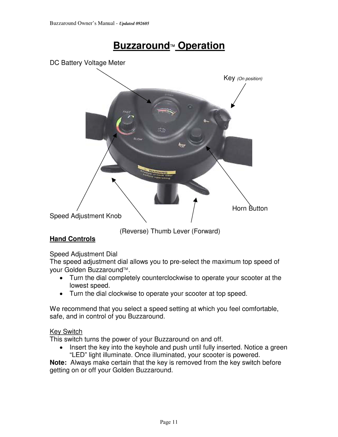 Golden Technologies GB 101, GB 104 owner manual Buzzaround Operation, Hand Controls 