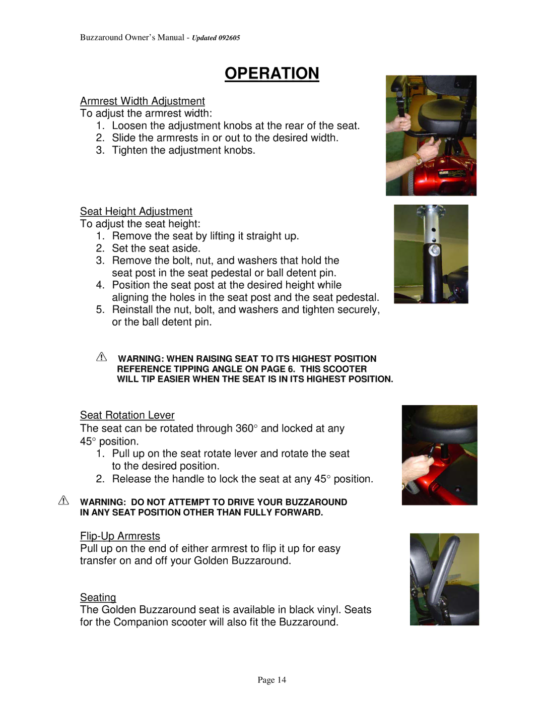 Golden Technologies GB 104, GB 101 owner manual Operation 