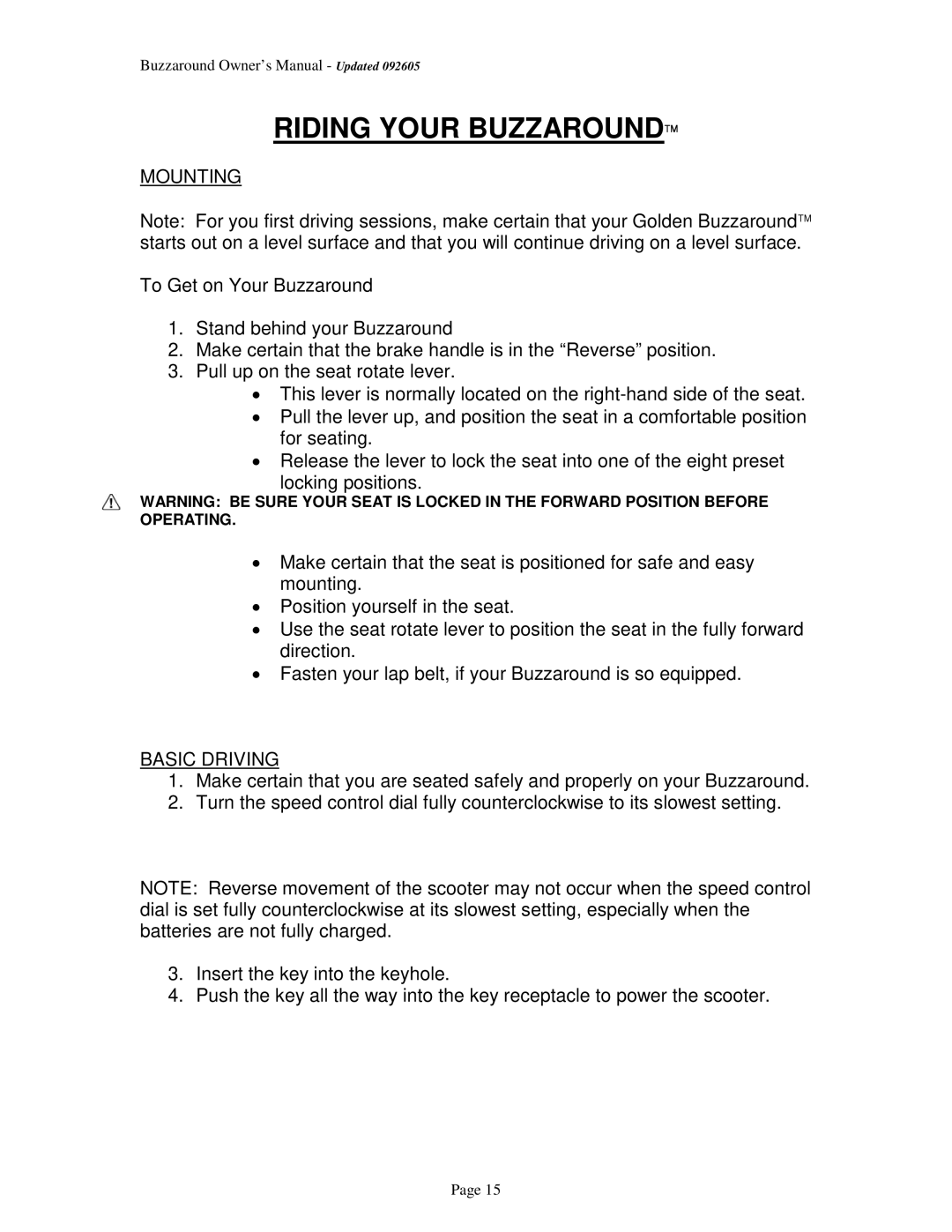 Golden Technologies GB 101, GB 104 owner manual Riding Your Buzzaround, Mounting, Basic Driving 