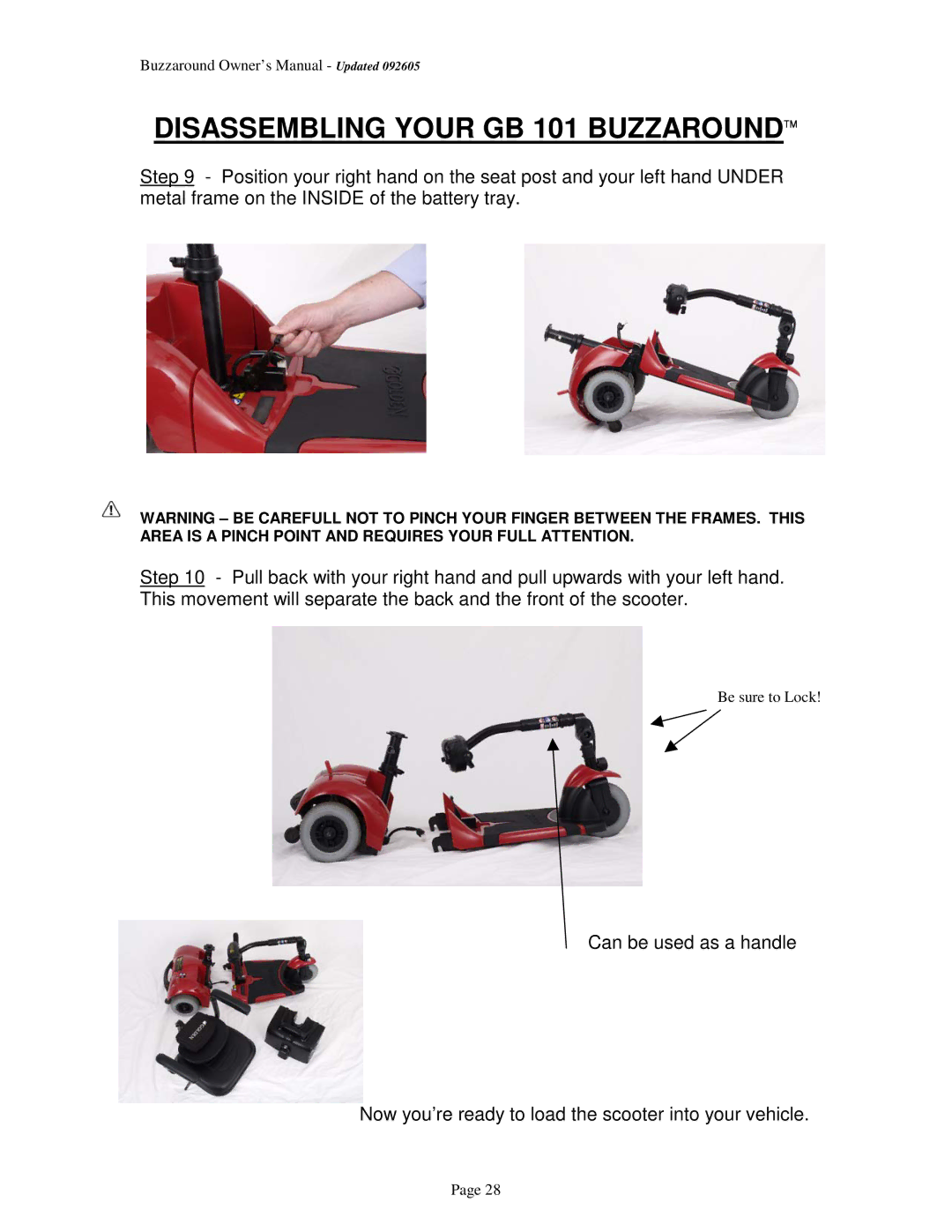 Golden Technologies GB 104, GB 101 owner manual Be sure to Lock 