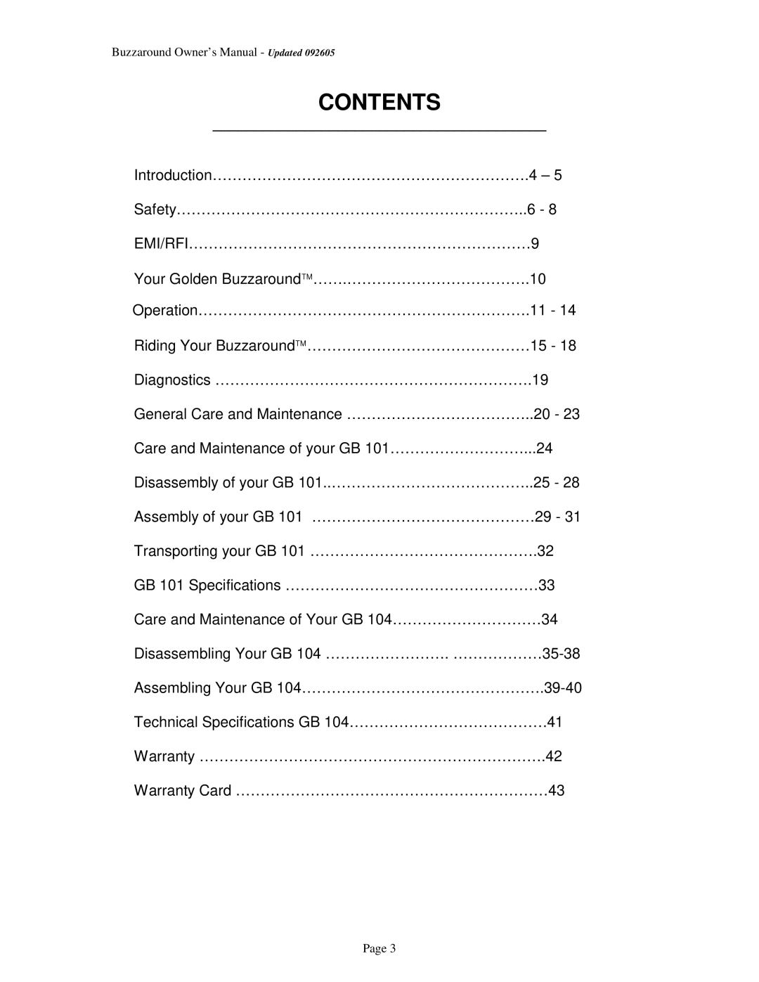 Golden Technologies GB 101, GB 104 owner manual Contents 