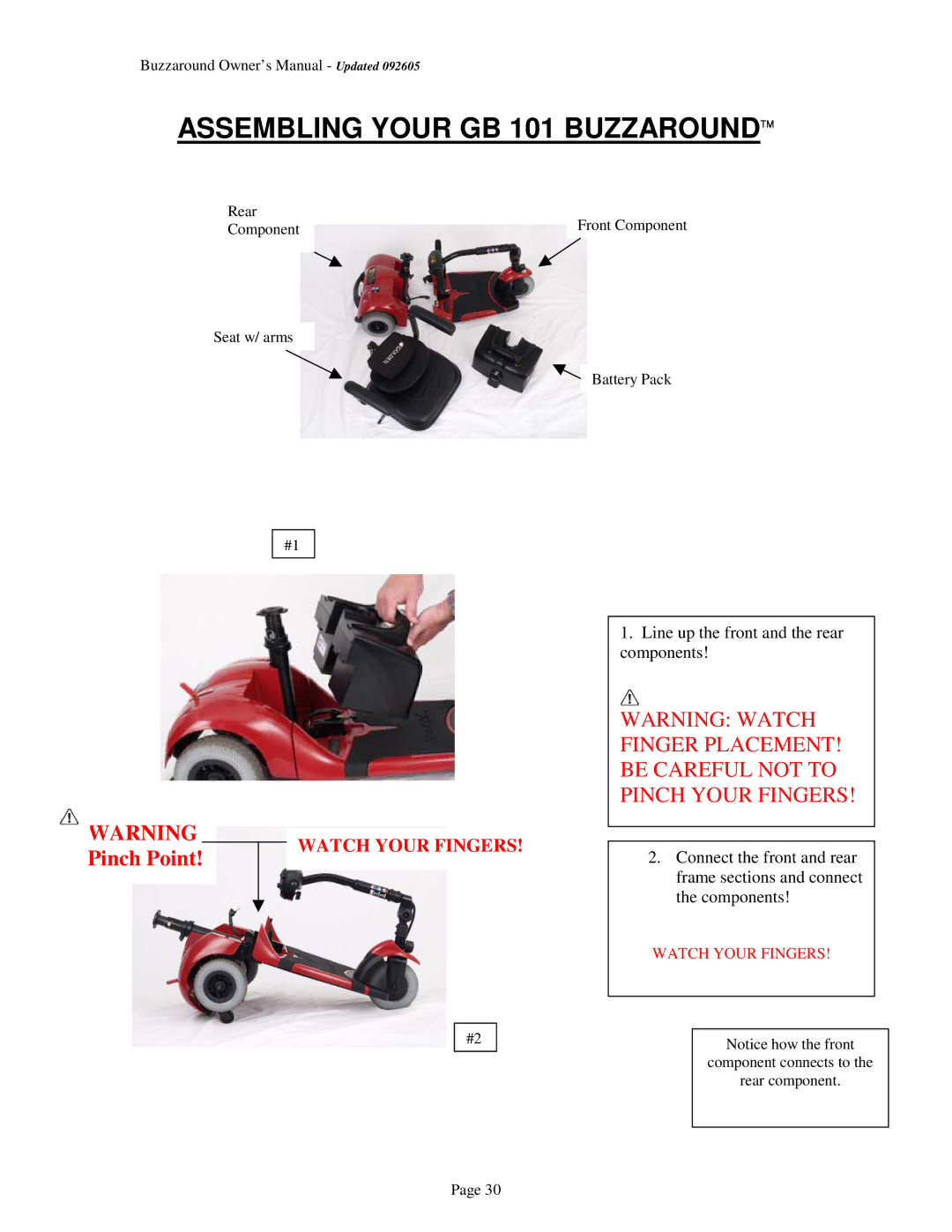 Golden Technologies GB 104 owner manual Assembling Your GB 101 Buzzaround, Watch Your Fingers 