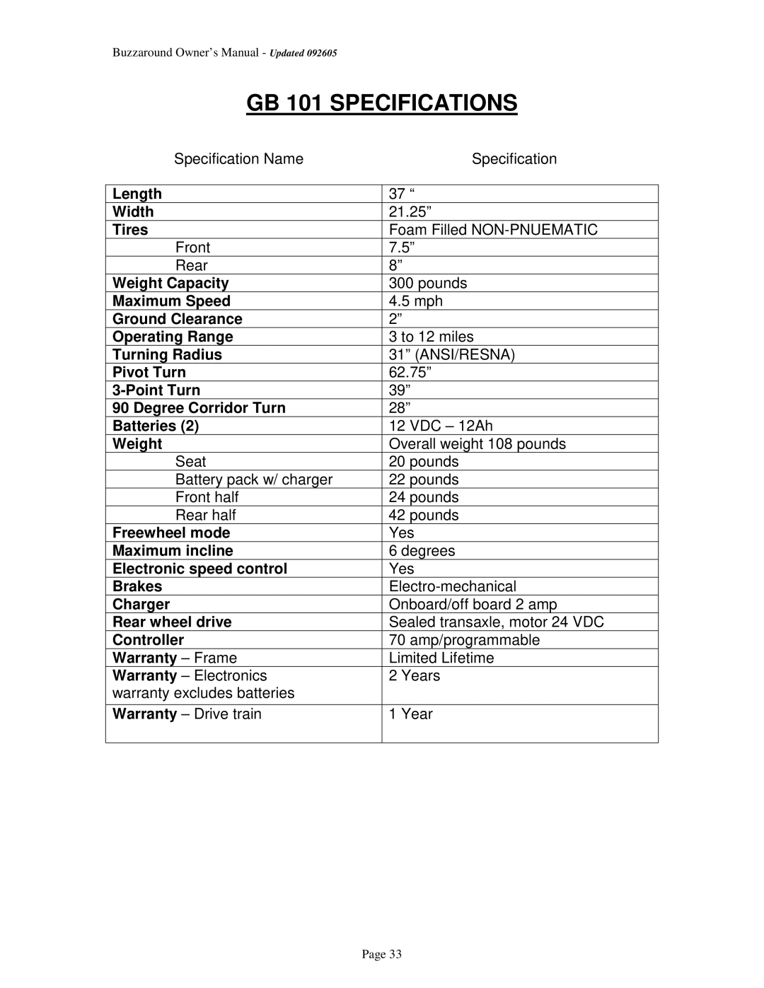 Golden Technologies GB 104 owner manual GB 101 Specifications 