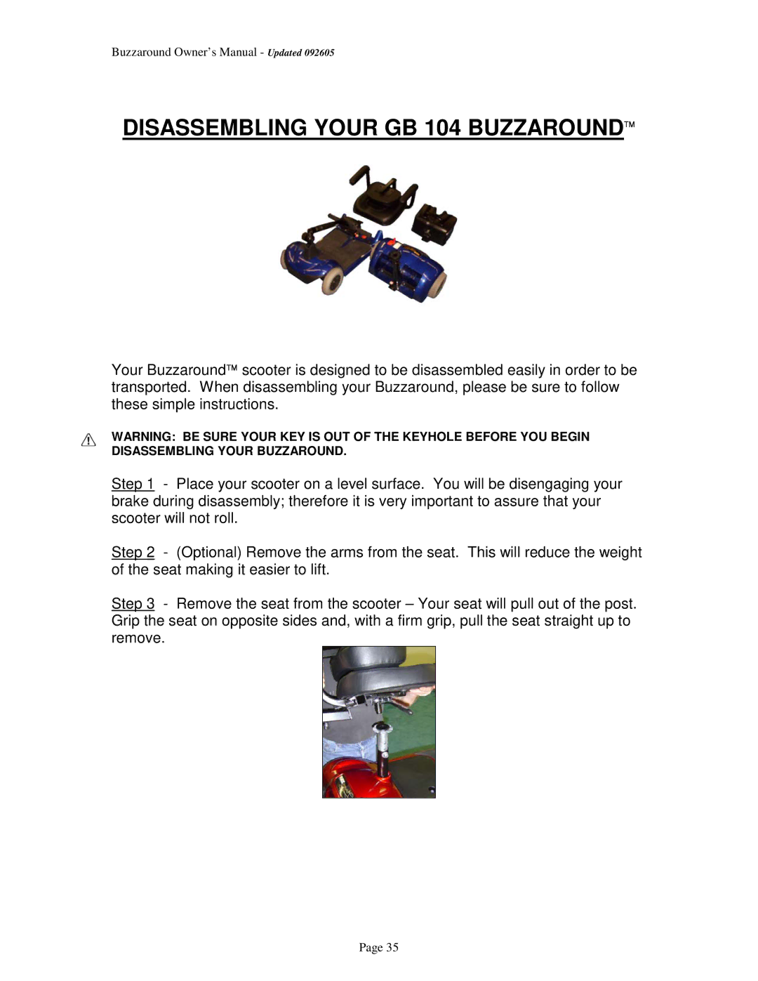 Golden Technologies GB 101 owner manual Disassembling Your GB 104 Buzzaround 