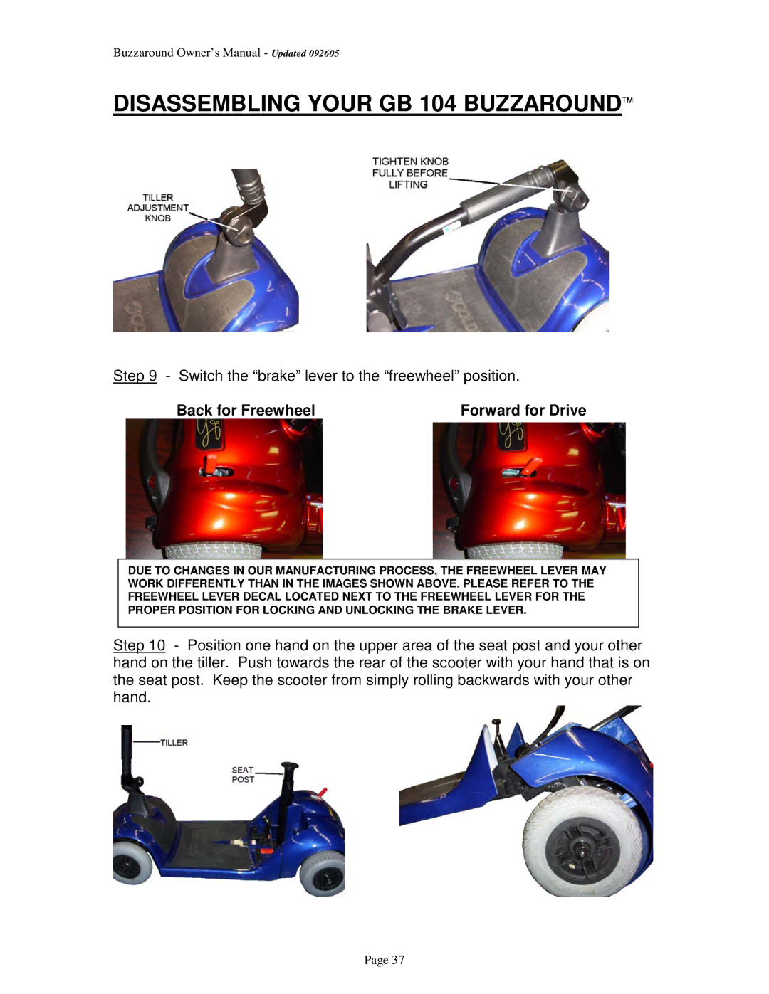 Golden Technologies GB 101, GB 104 owner manual Back for Freewheel Forward for Drive 