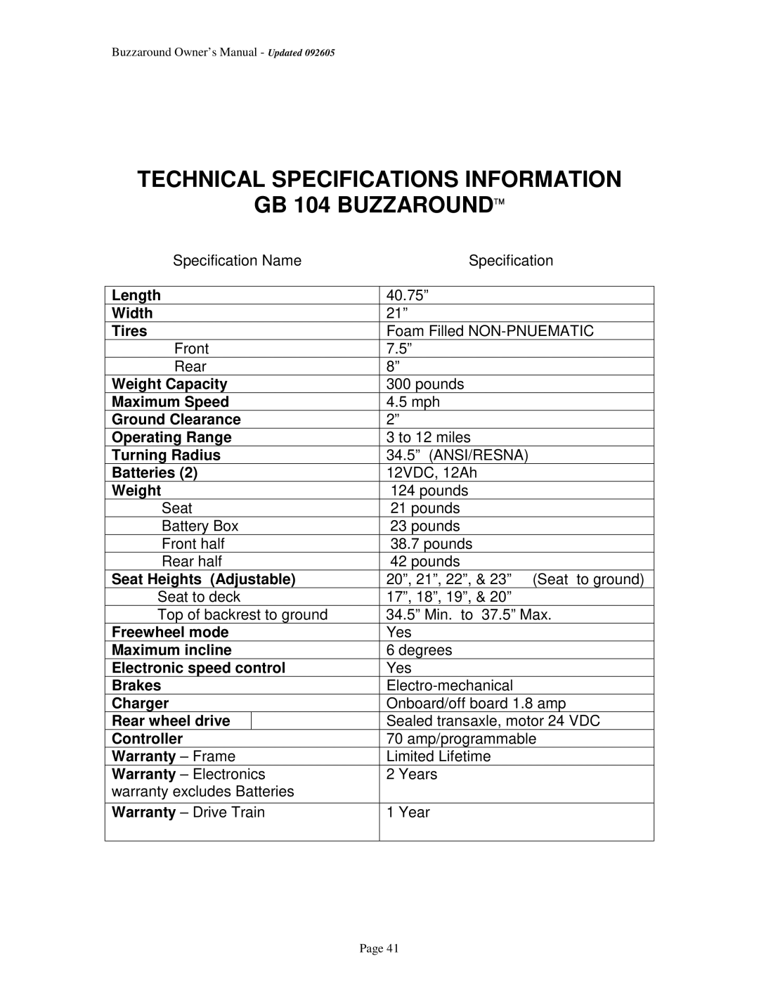 Golden Technologies GB 101 owner manual Technical Specifications Information GB 104 Buzzaround, Length, Width Tires 