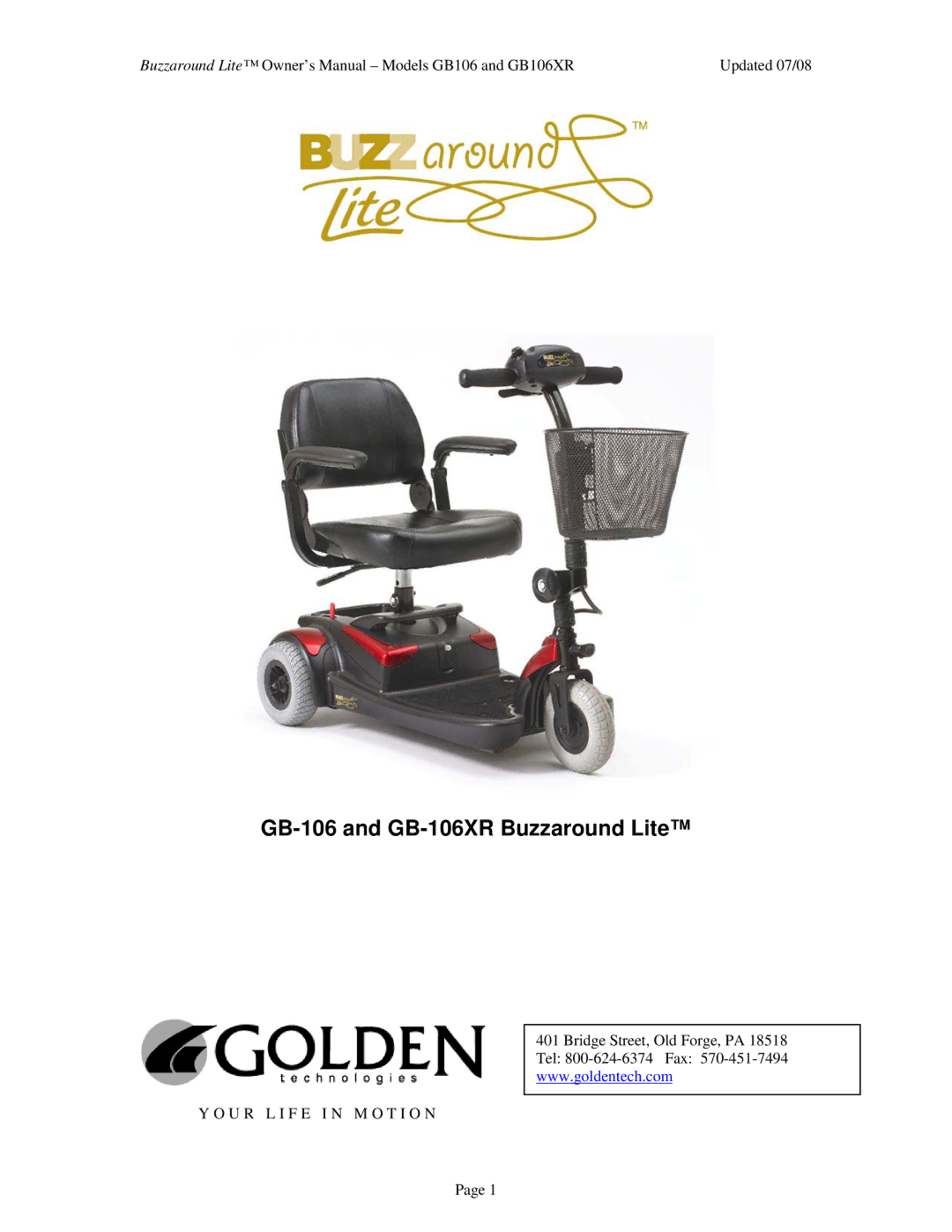 Golden Technologies GB106XR owner manual GB-106 and GB-106XR Buzzaround Lite 