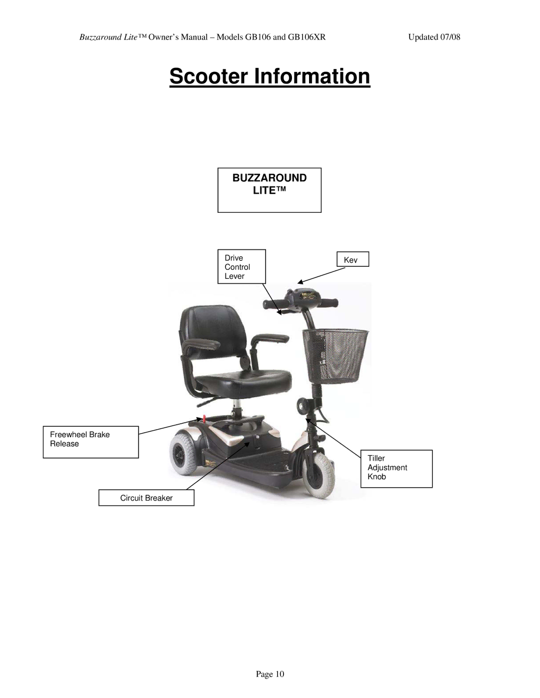 Golden Technologies GB106XR owner manual Scooter Information, Buzzaround Lite 