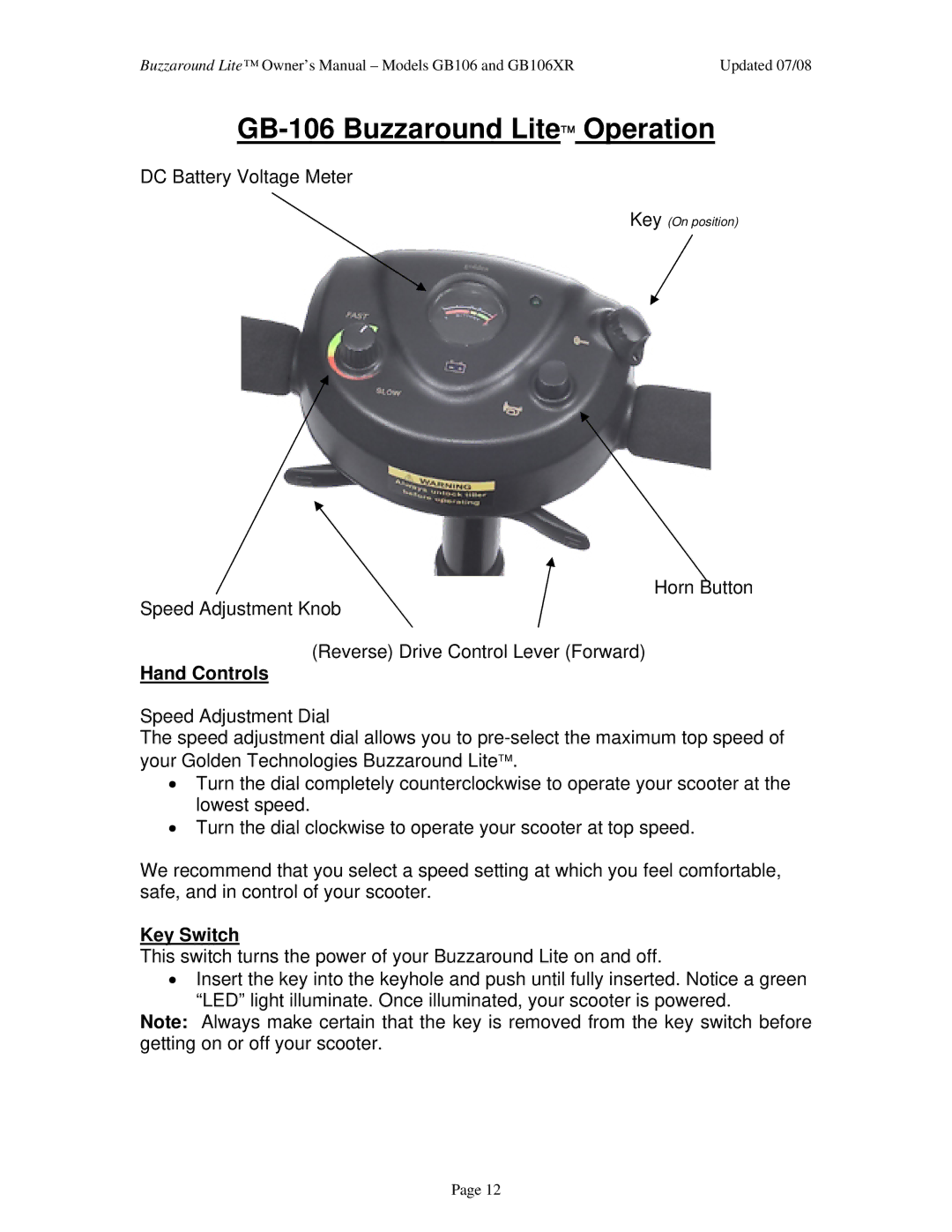 Golden Technologies GB106XR owner manual GB-106 Buzzaround Lite Operation, Hand Controls, Key Switch 