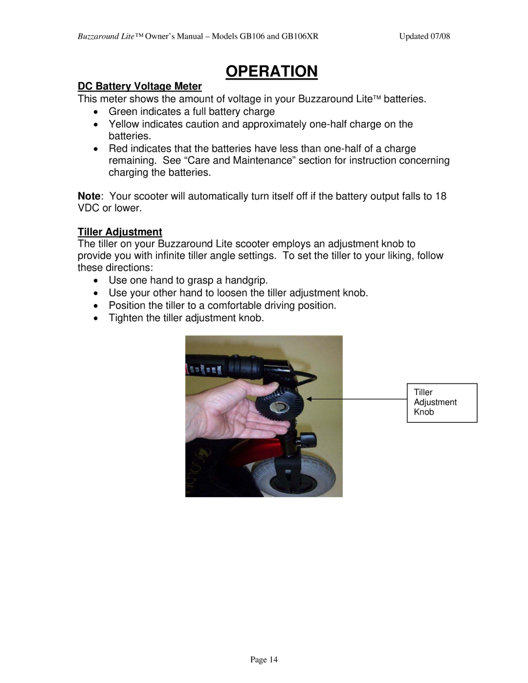 Golden Technologies GB106XR owner manual DC Battery Voltage Meter, Tiller Adjustment 