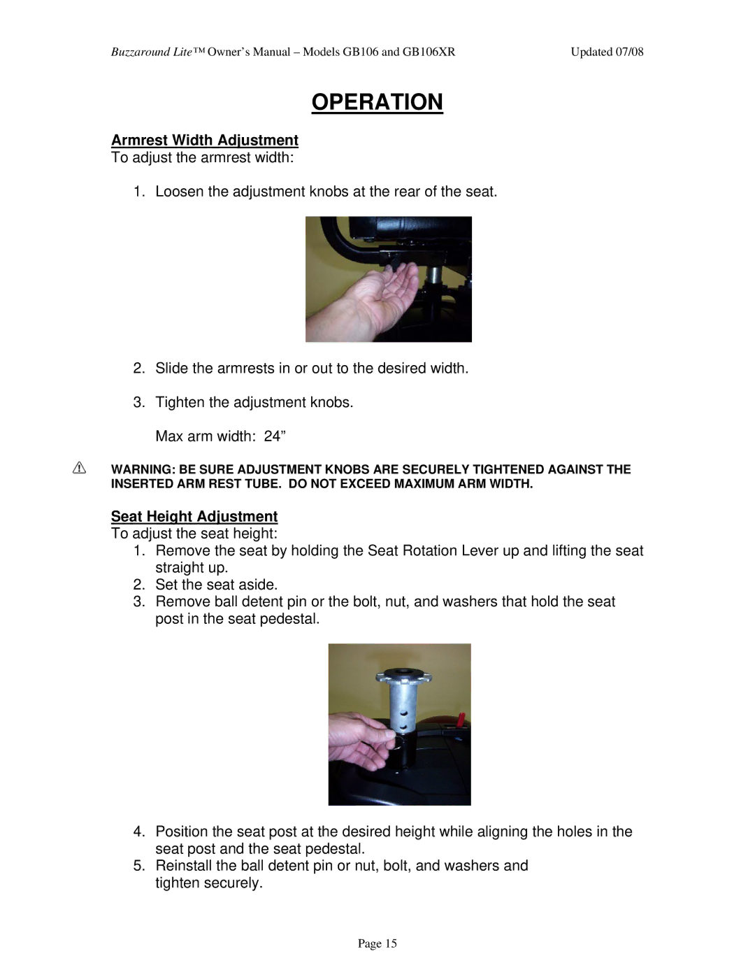 Golden Technologies GB106XR owner manual Armrest Width Adjustment, Seat Height Adjustment 