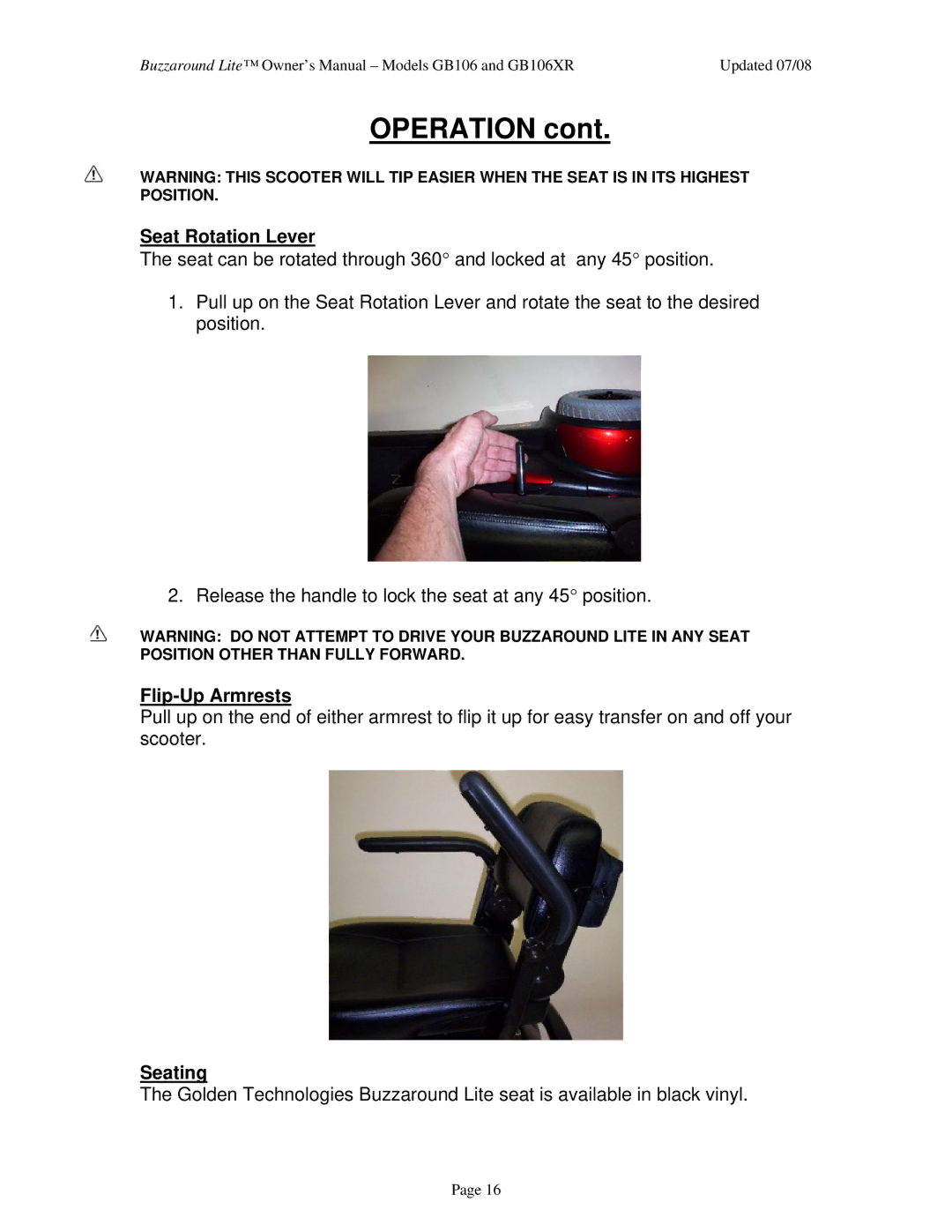 Golden Technologies GB106XR owner manual Operation, Seat Rotation Lever, Flip-Up Armrests, Seating 