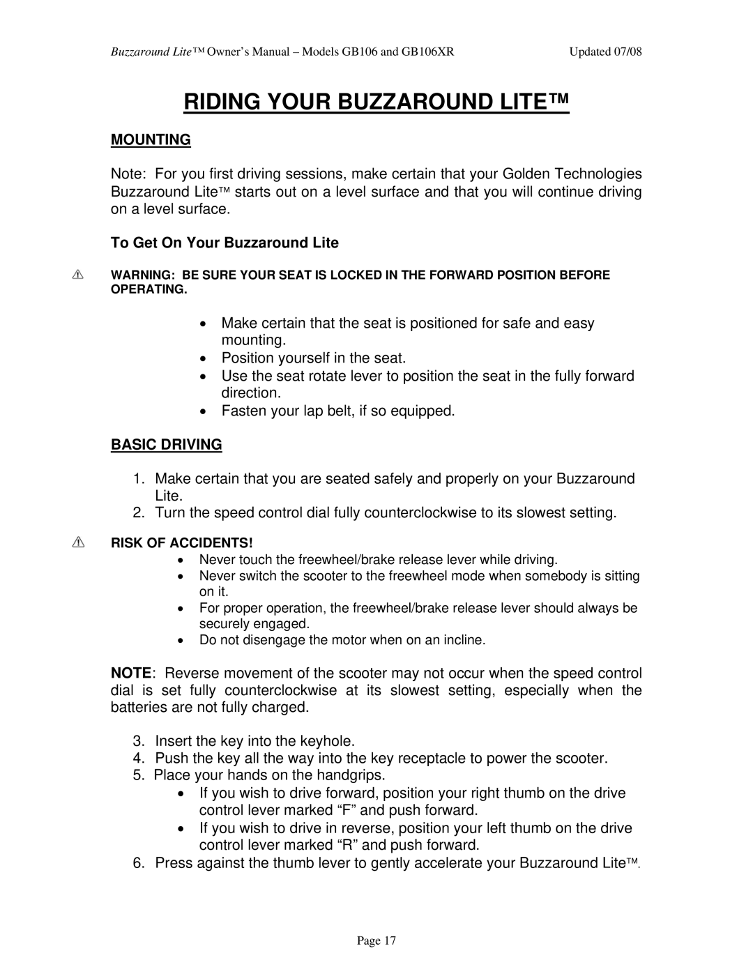 Golden Technologies GB106XR Riding Your Buzzaround Lite, Mounting, To Get On Your Buzzaround Lite, Basic Driving 