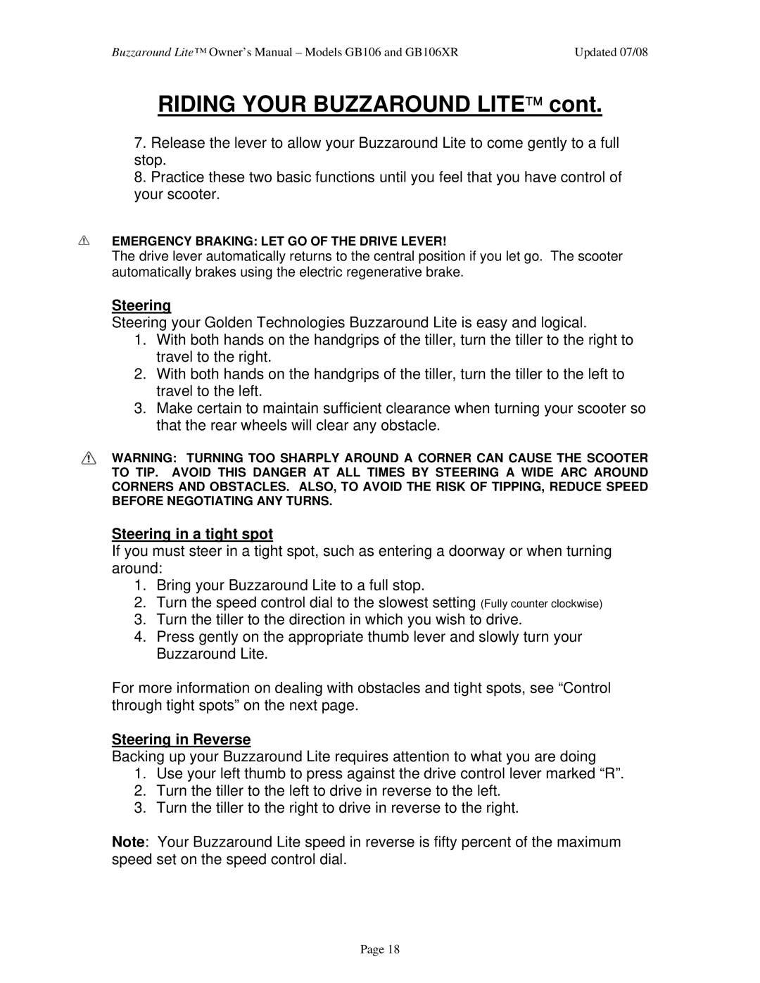 Golden Technologies GB106XR owner manual Riding Your Buzzaround Lite, Steering in a tight spot, Steering in Reverse 